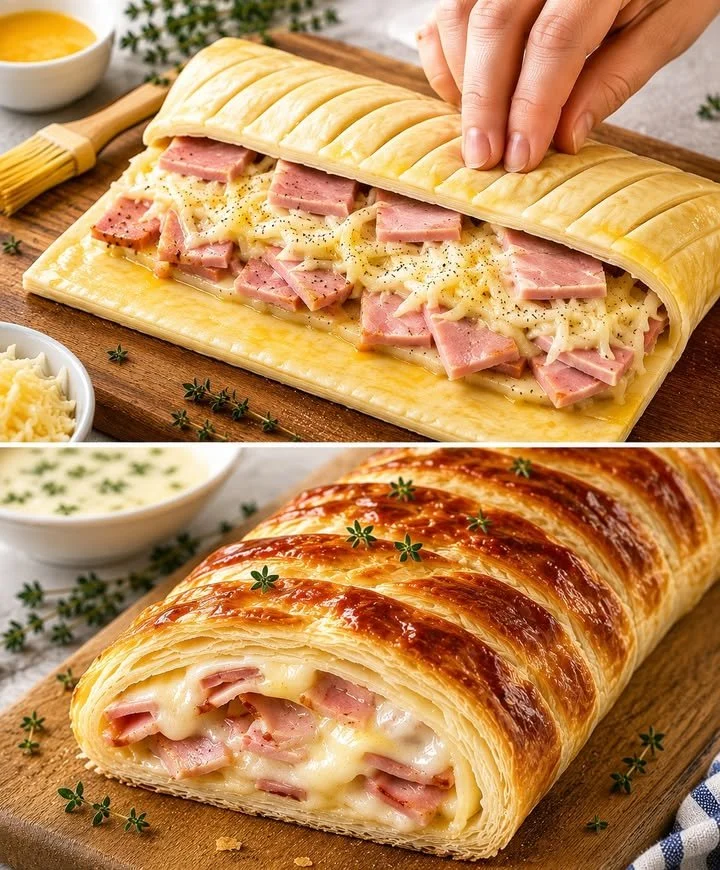 Gefüllter Blätterteigstrudel mit Käse auf einem Teller