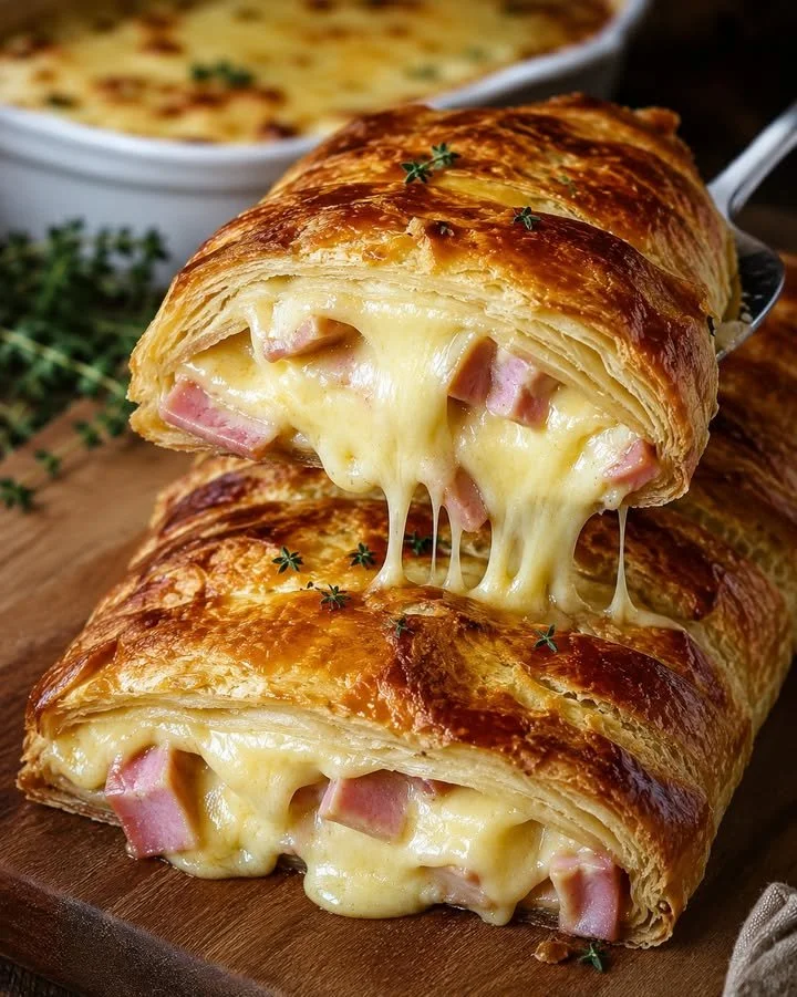 Gefüllter Blätterteigstrudel mit Schinken und Käse, frisch gebacken