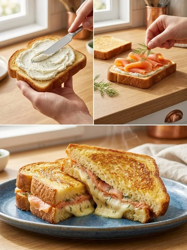 Gourmet-Croque mit Räucherlachs und Boursin auf einem Teller
