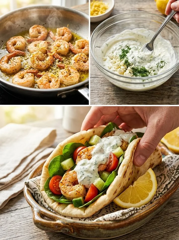 Griechische Zitronen-Garnelen-Pitas mit frischen Garnelen und Zitrone