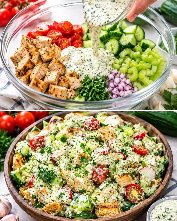 Griechischer Hähnchen Tzatziki Salat mit frischem Gemüse und Tzatziki-Sauce