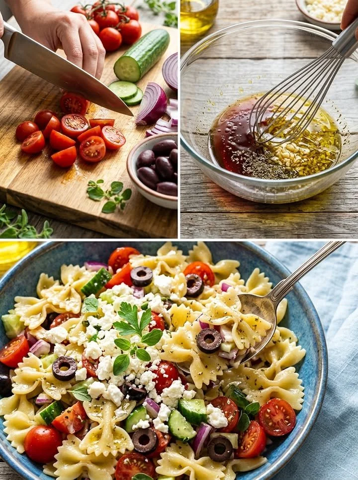 Griechischer Nudelsalat mit frischem Gemüse und Oliven in einer Schüssel