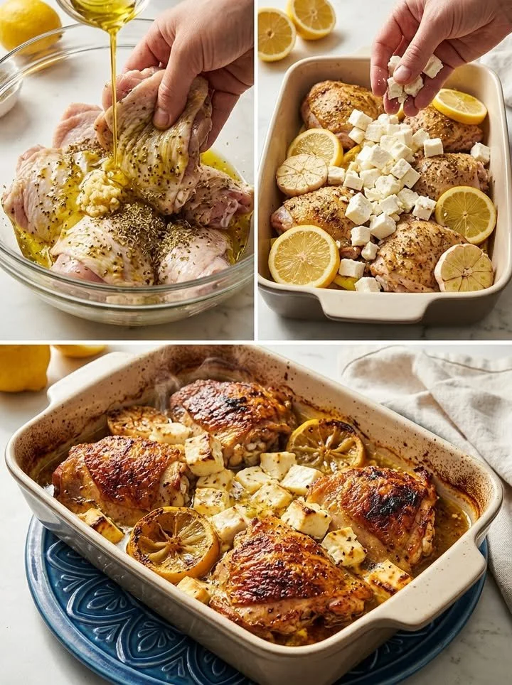 Griechisches Ofenhähnchen mit Feta, Zitrone und Knoblauch auf einem Teller serviert