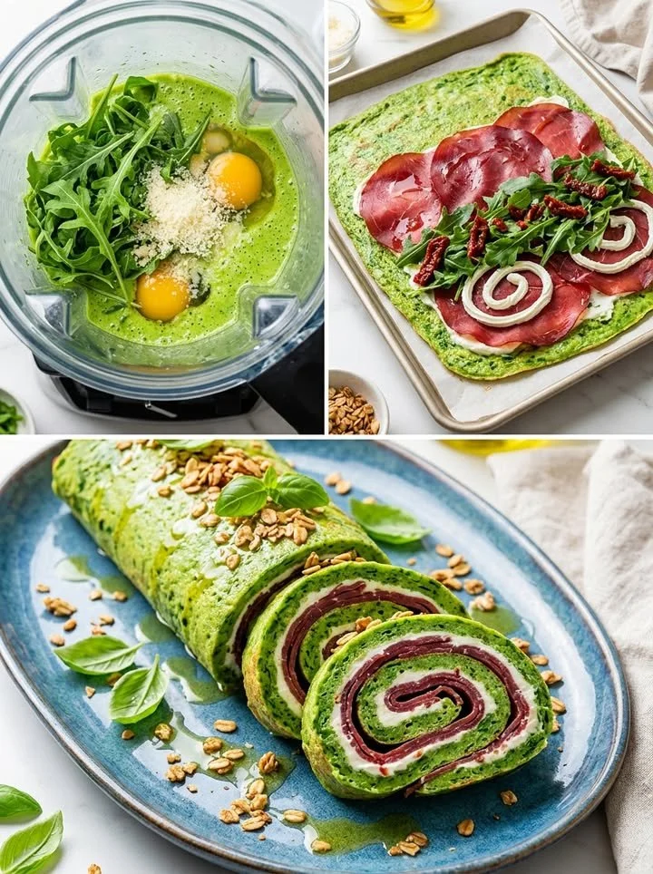 Grüne Ölemett-Rolle mit Bresaola auf einem Teller serviert