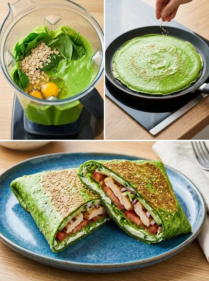 Grüner Spinat-Wrap mit 3 Zutaten auf einem Tisch präsentiert