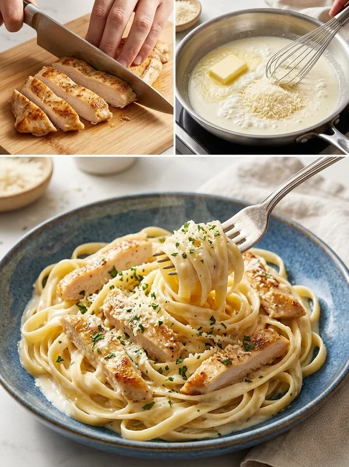 Leckerer Teller Hähnchen Alfredo Pasta mit cremiger Sauce