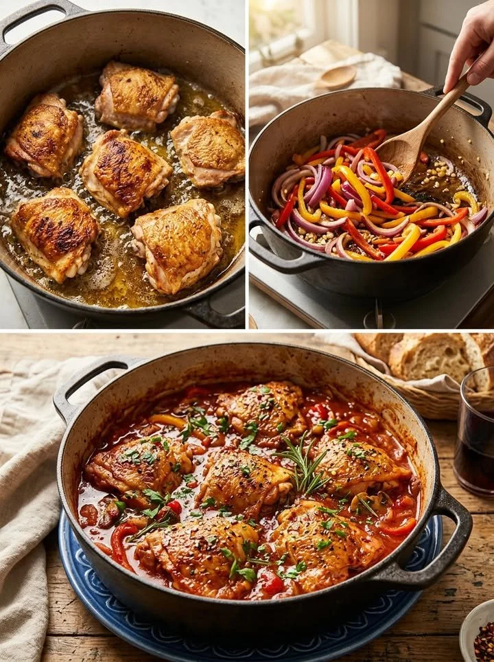 Leckeres Hähnchen Cacciatore Gericht mit Gemüse und Kräutern angerichtet
