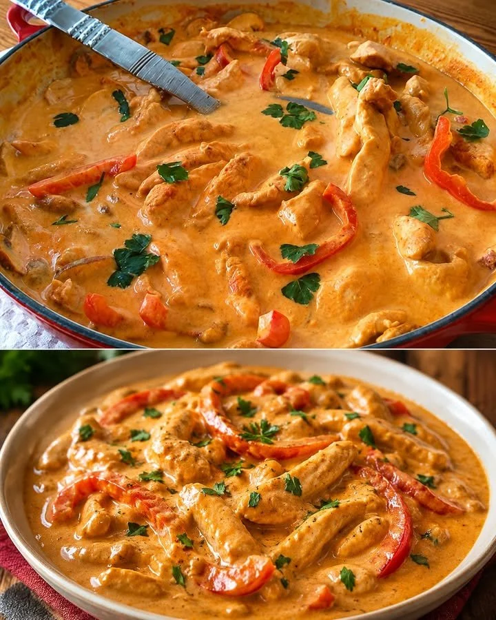 Hähnchen Stroganoff Gericht mit Nudeln und Sauce
