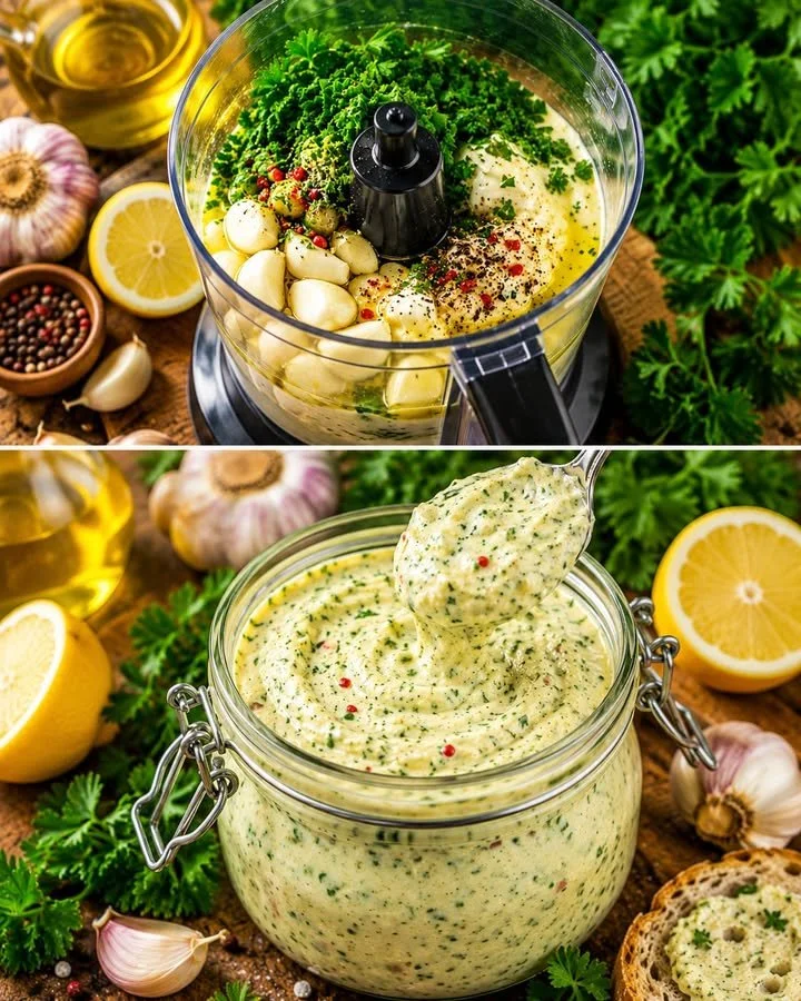 Hausgemachte Knoblauchcreme in einer Schüssel auf Holzfläche
