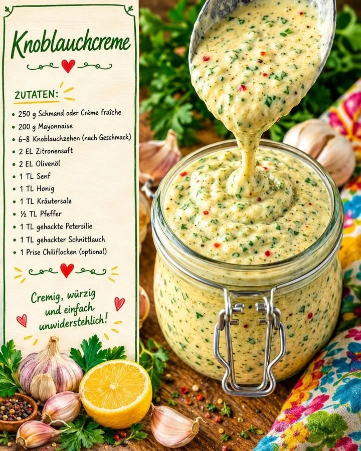 Hausgemachte Knoblauchcreme in einem Glas, perfekt für jede Mahlzeit.