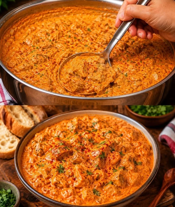 Eine aufregende Hexensuppe in einem cauldron auf einem Tisch mit Halloween-Dekorationen.