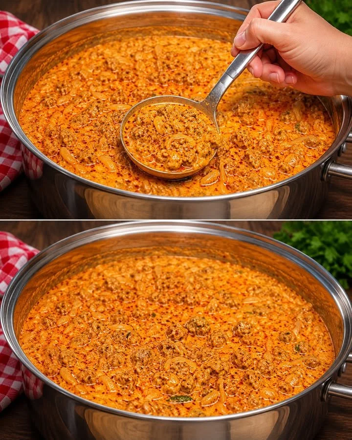Hexensuppe mit Hähnchen in einer bunten Schüssel, serviert mit frischen Kräutern