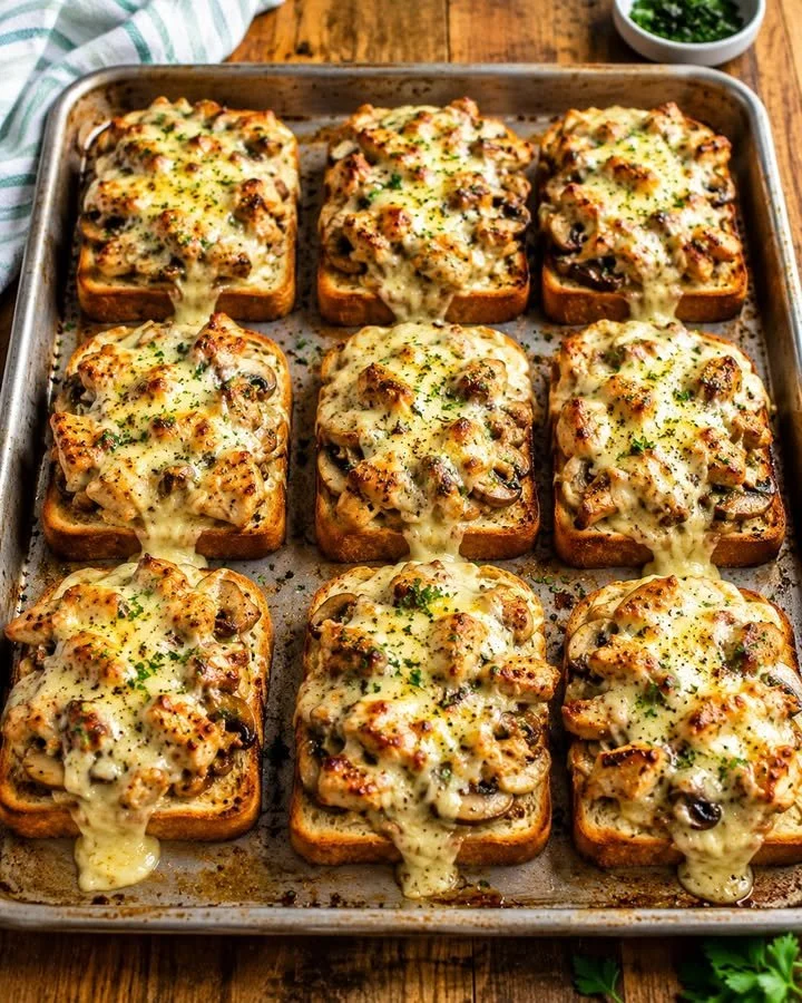 Jägertoast mit geschmolzenem Käse überbacken auf einem Holzbrett angerichtet
