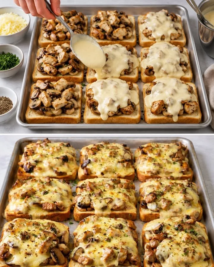 Jägertoast mit Käse überbacken auf einem Teller serviert