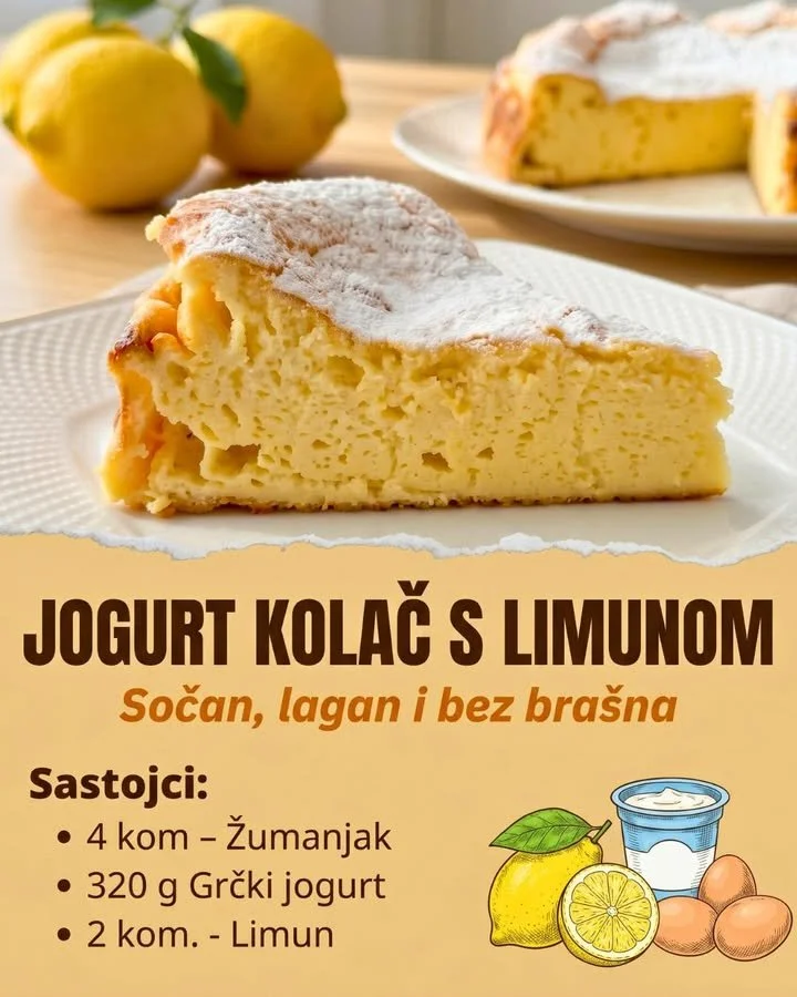 Joghurtkuchen mit Zitrone auf einem weißen Teller garniert mit Zitronenscheiben.