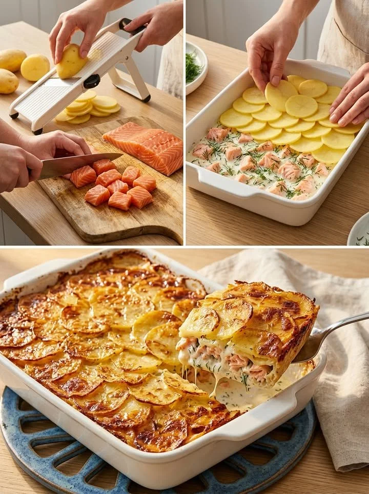 Leckere Kartoffel-Lachs-Pie mit frischem Lachs und Kartoffeln