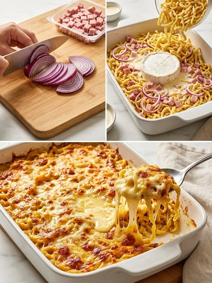 Käsespätzle mit geschmolzenem Käse und Röstzwiebeln auf einem Teller serviert