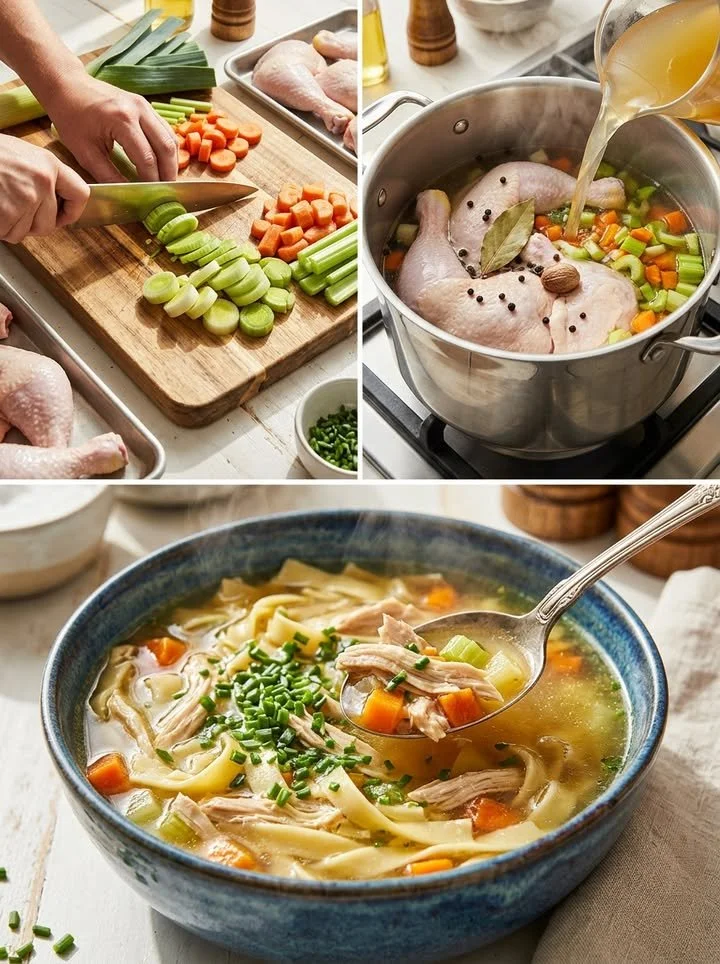 Schüssel mit klassischer Hühnnersuppe auf einem Holzuntergrund