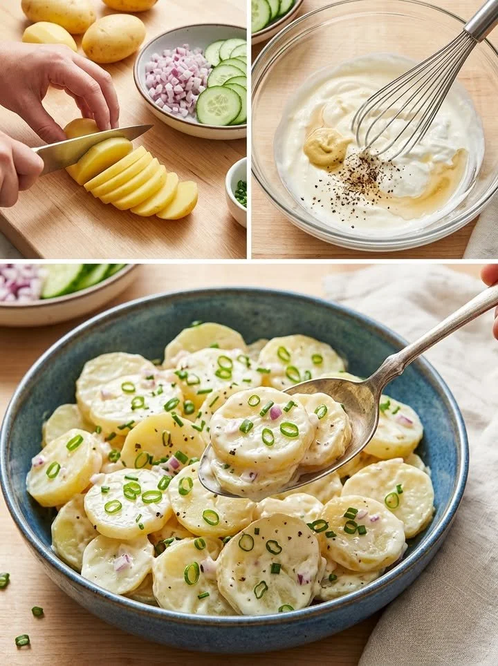 Ein klassischer Kartoffelsalat in einer Schüssel, frisch zubereitet.