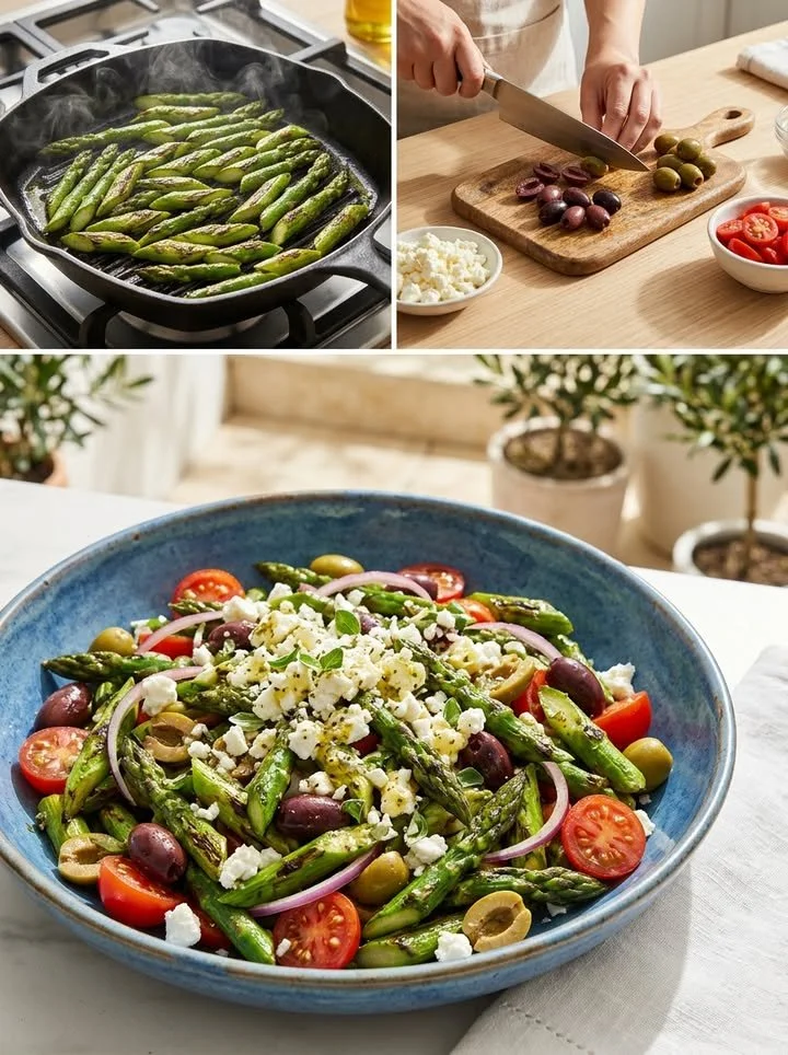 Knackiger mediterraner Spargel-Oliven-Salat mit frischen Zutaten.