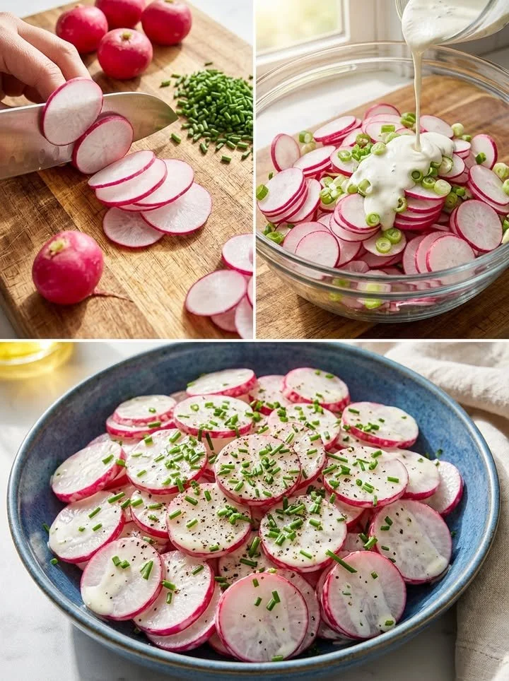 Knackiger Radieschensalat mit Schnittlauch-Dressing auf einem Teller