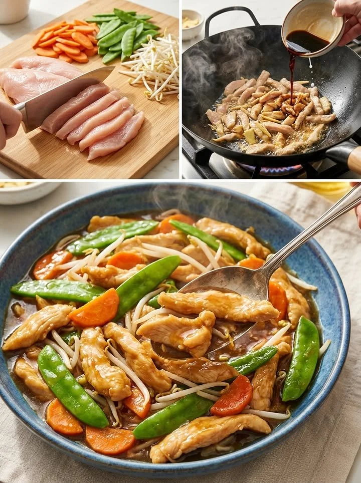 Knackiges Hühnchen Chop Suey mit frischem Gemüse und würziger Soße