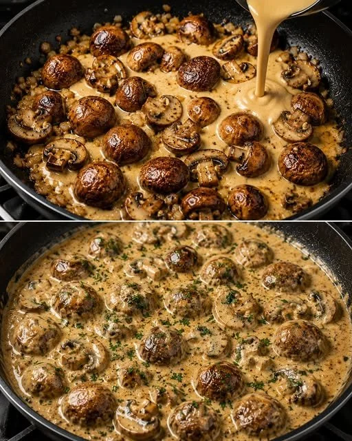 Leckere Knoblauch Champignons in cremiger Rahmsoße serviert