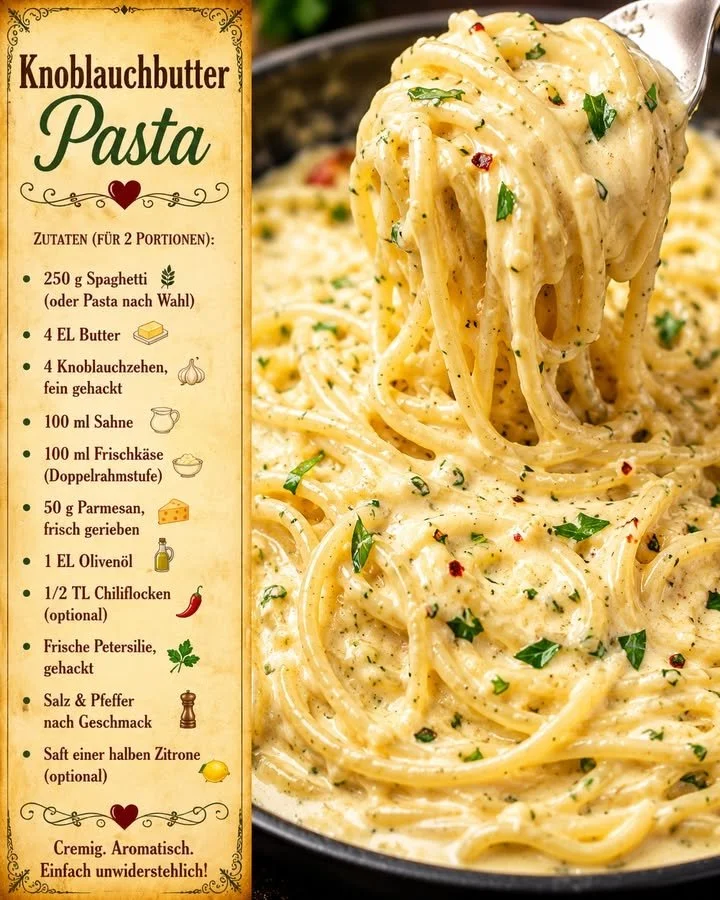Köstliche Knoblauchbutter Kräuter Pasta in einer Schüssel serviert.