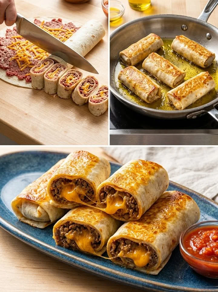 Knusprige Hackfleisch-Tortilla-Rollen auf einem Teller serviert