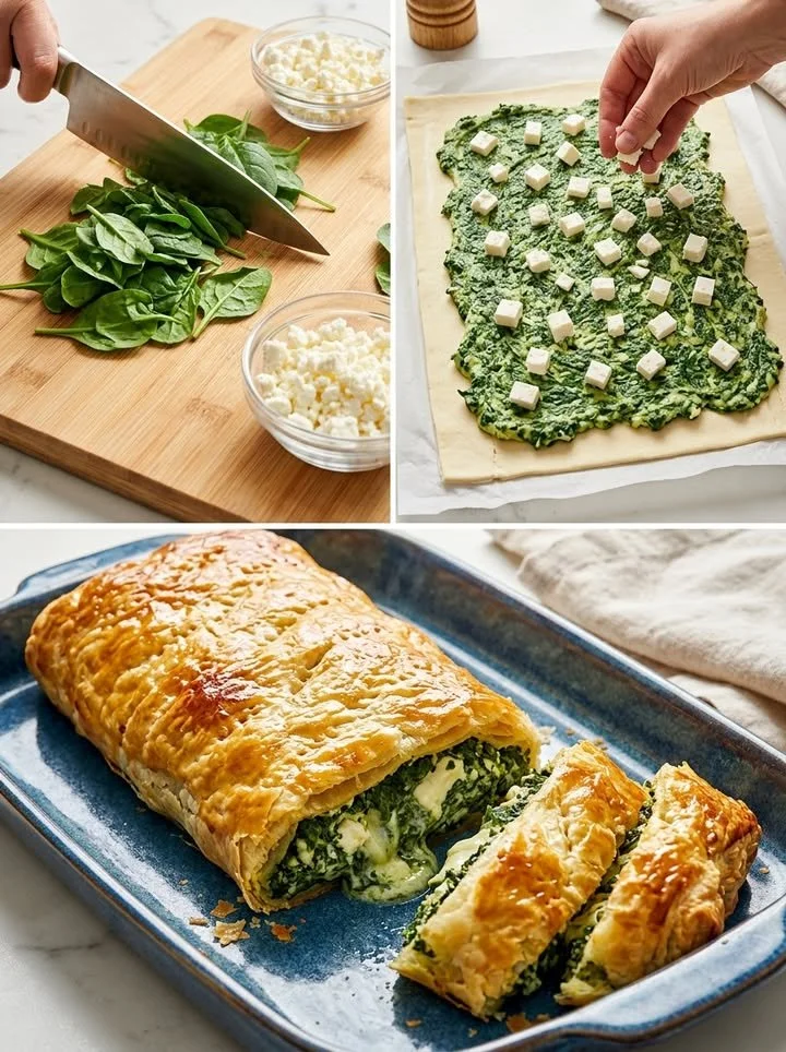 Leckere knusprige Spinat-Feta-Rolle auf einem Teller serviert