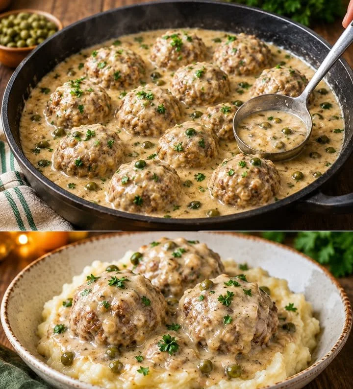 Königsberger Klopse serviert mit Kapern und einer cremigen Soße