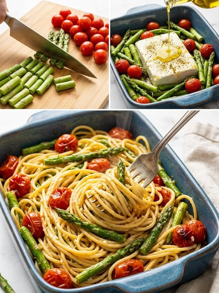 Cremige Pasta mit Feta und frischem Spargel auf einem Teller serviert.