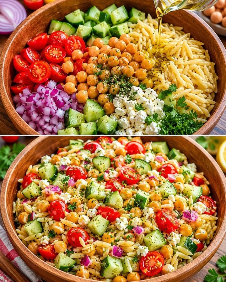 Schüssel mit erfrischendem Kritharaki-Salat, gesund und lecker.
