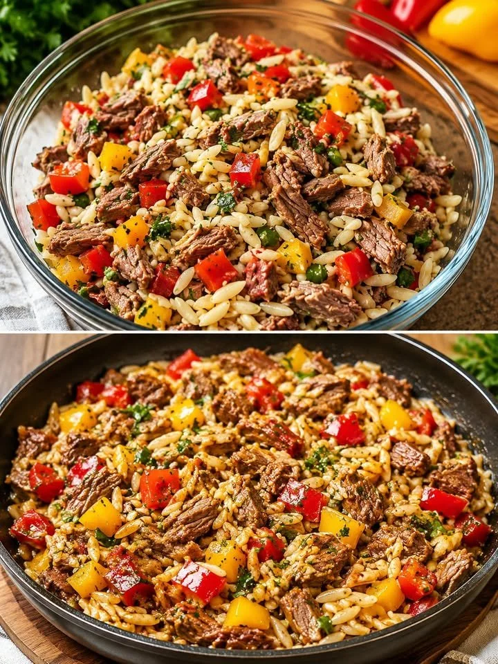 Kritharaki-Salat mit Hackfleisch, frisch zubereitet und serviert
