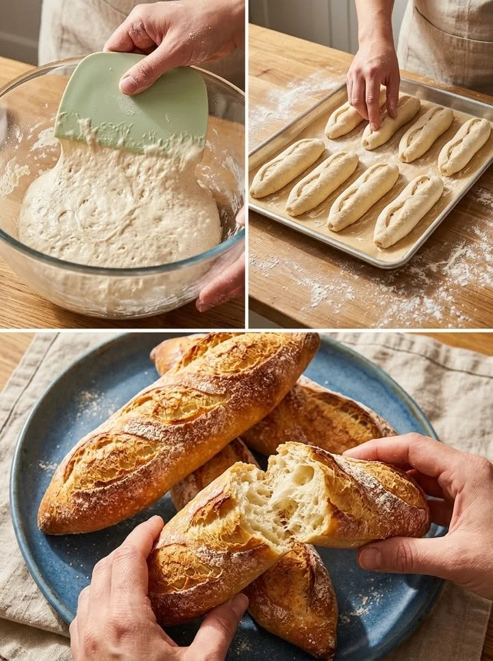 Krosse Mini-Baguettes frisch gebacken auf einem Holzbrett