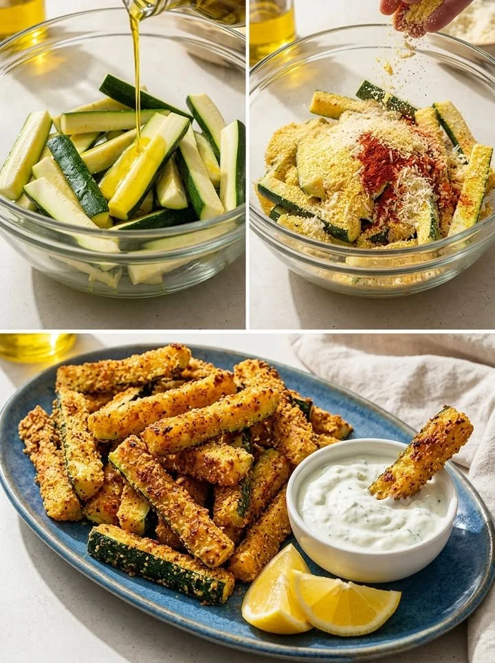 Krosse Ofen-Zucchini-Sticks frisch aus dem Ofen serviert