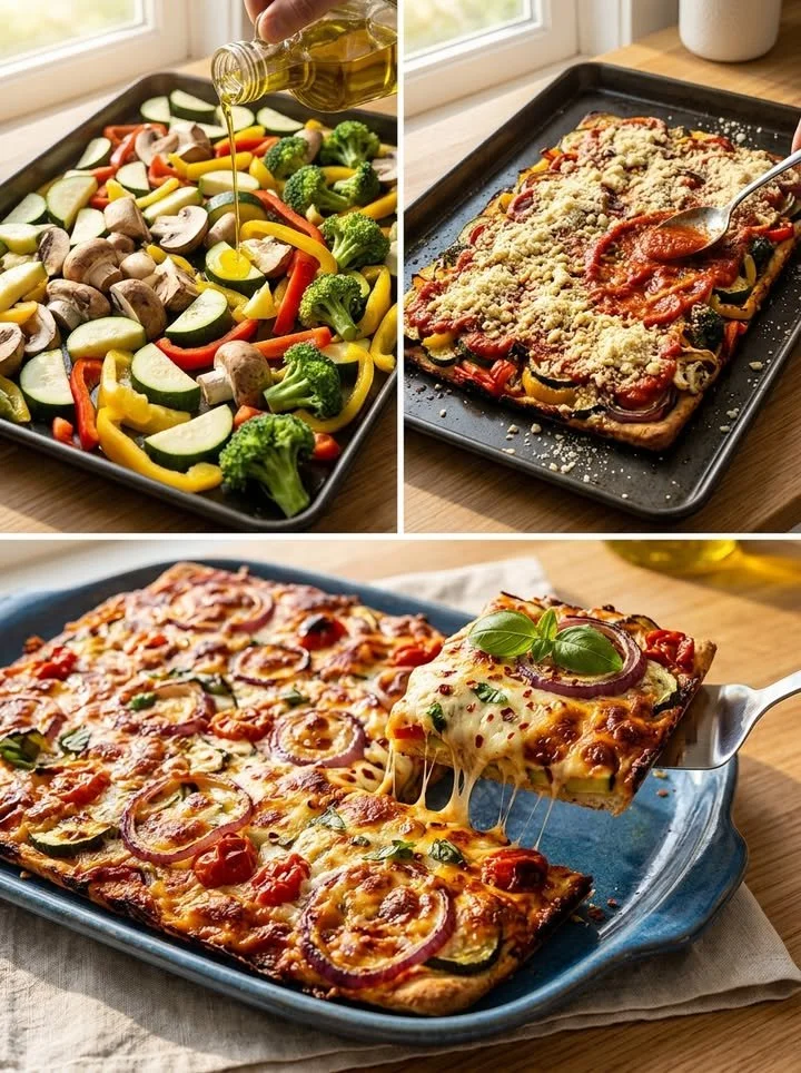 Krosse Ofengemüse-Pizza mit buntem Gemüse auf einem knusprigen Boden