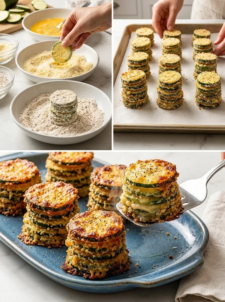Krosse Parmesan-Zucchini-Türmchen frisch zubereitet auf einem Teller