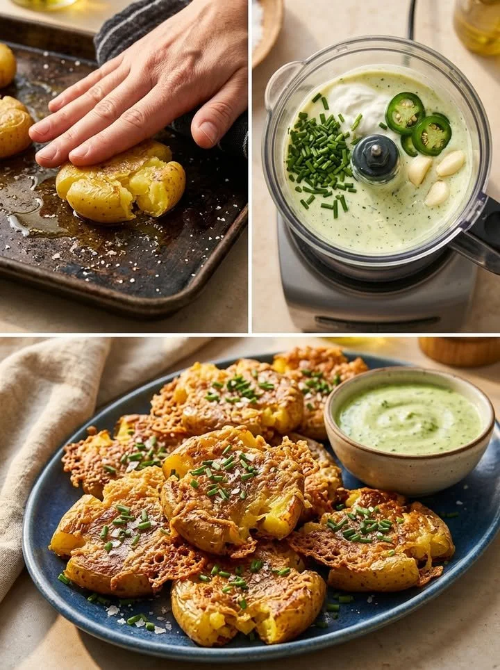 Krosse Smashed Potatoes serviert mit einem feurigen Frische-Dip