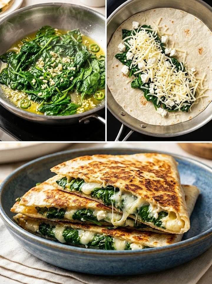 Knusprige Spinat-Feta-Quesadillas auf einem Teller, serviert mit frischem Dip.