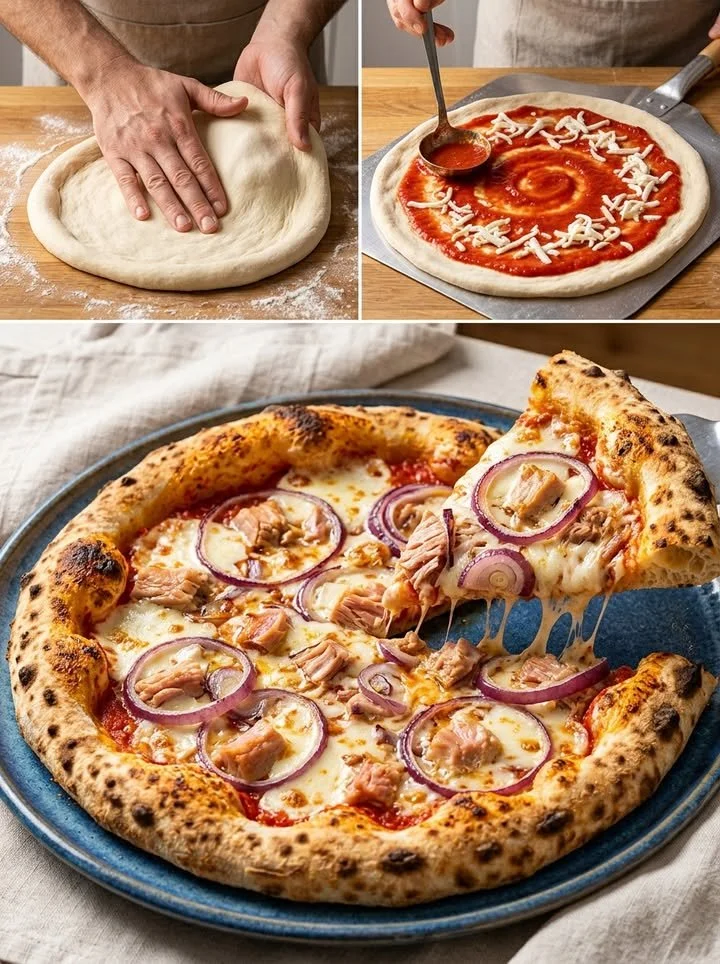 Krosse Thunfisch-Pizza mit frischen Zutaten und knusprigem Teig.