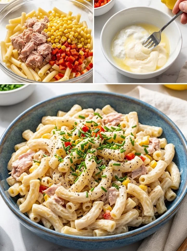 Krosser Thunfisch-Mais-Nudelsalat auf einem Tisch angerichtet