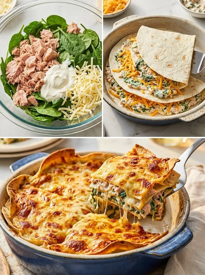 Kross gebackener Thunfisch-Spinat-Tortilla-Auflauf auf einem Teller