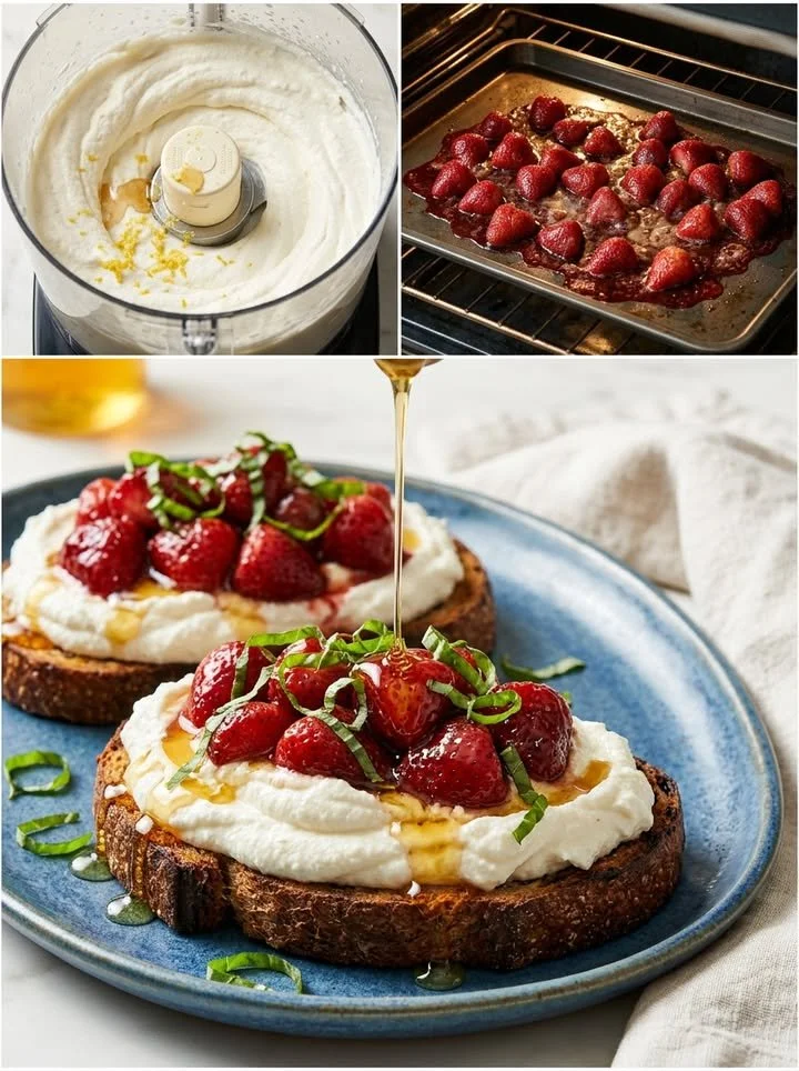 Krosses Grillbrot mit Ofen-Erdbeeren und Wolken-Ricotta auf einem Tisch angerichtet.