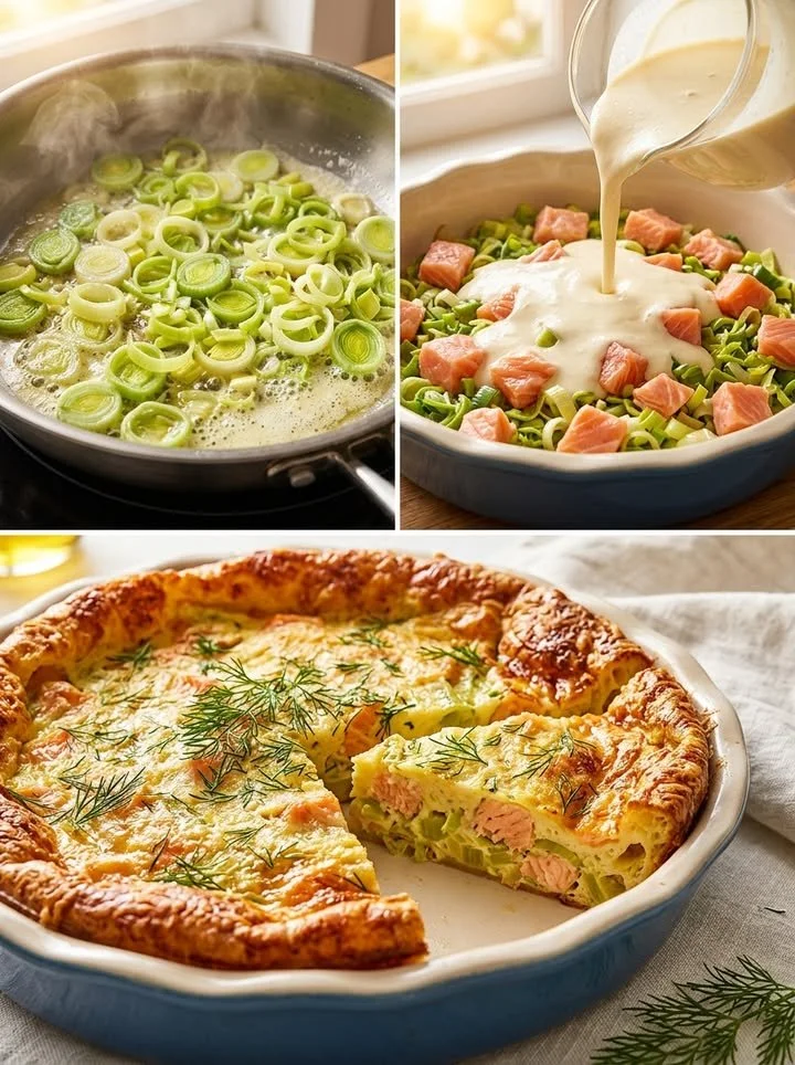 Lachs-Lauch-Clafoutis serviert auf einem Teller