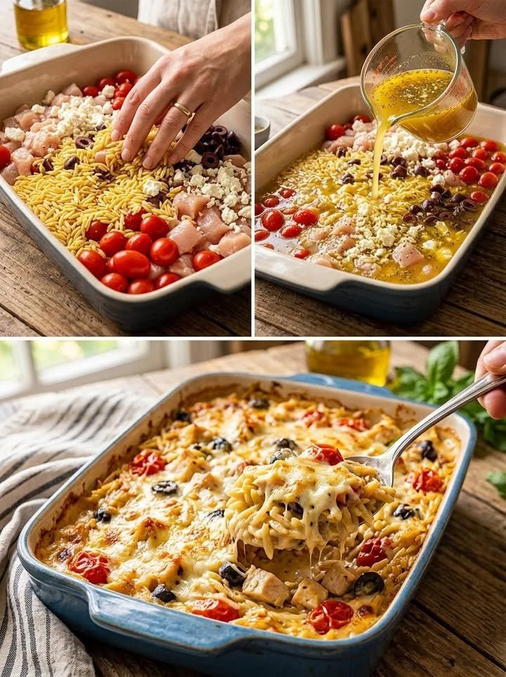Mediterranes Chicken Orzo Casserole mit frischem Gemüse und Gewürzen