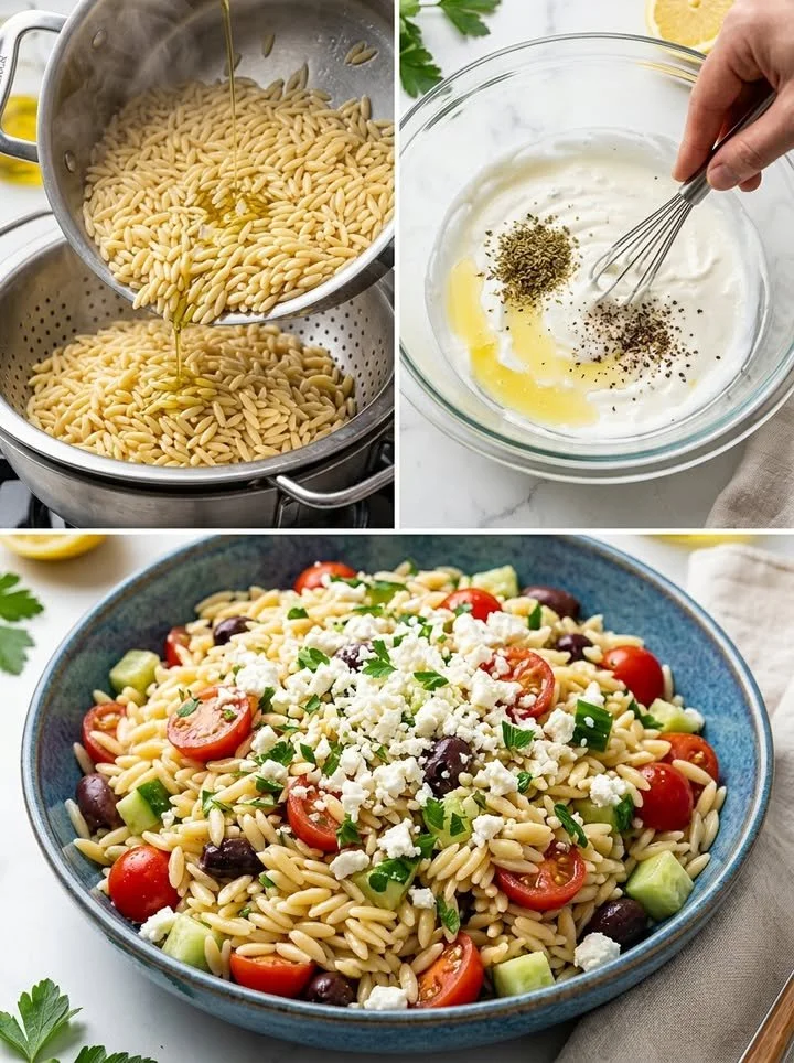 Mediterraner Kritharaki-Salat mit frischem Gemüse und Feta