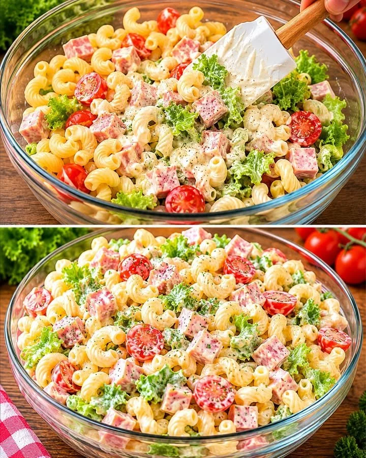 Nudelsalat mit Joghurtsoße auf einem bunten Teller serviert