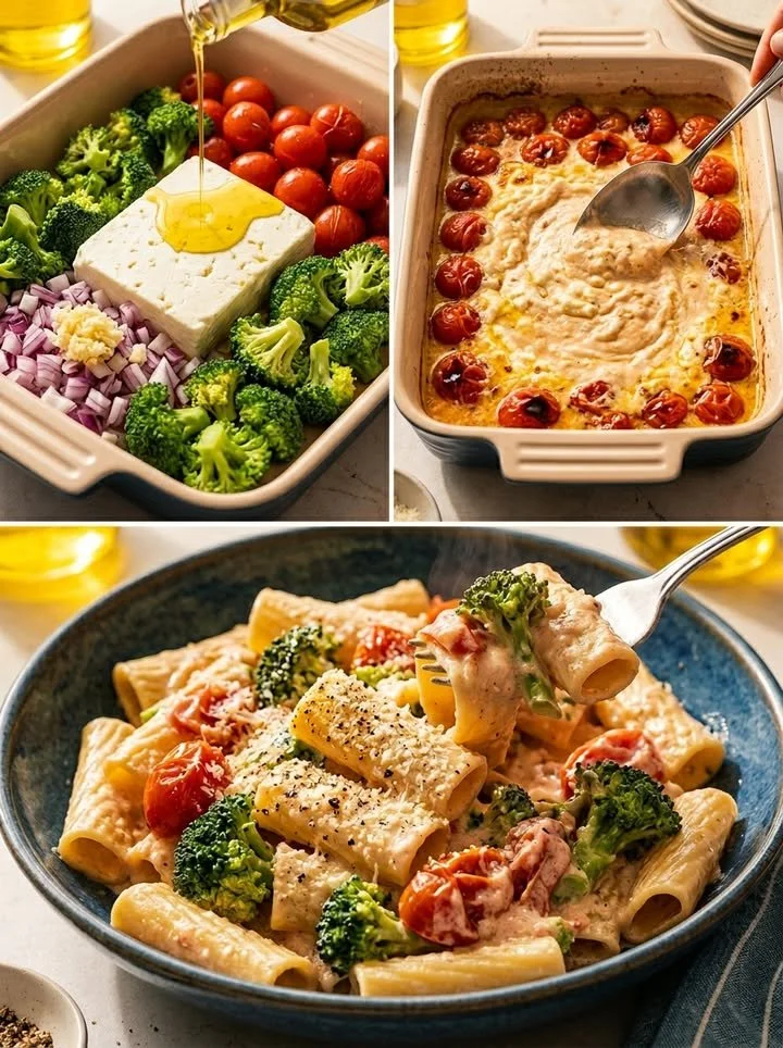 Leckere Ofen-Brokkoli-Feta-Pasta aus frischem Brokkoli und würzigem Feta
