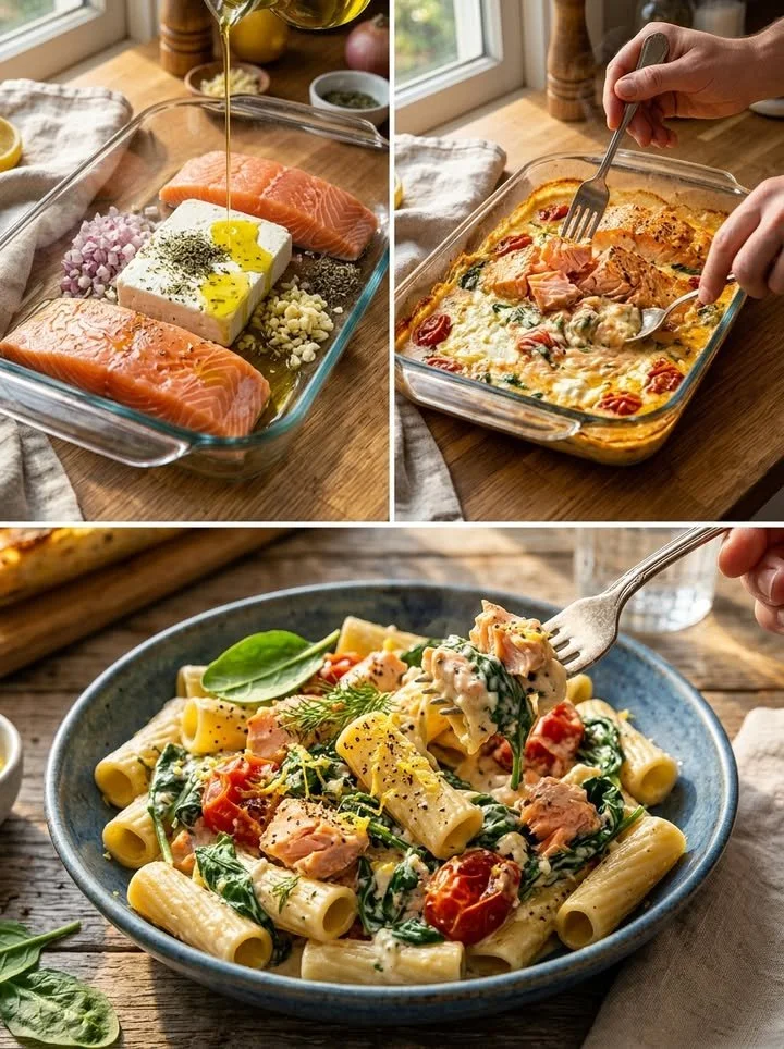Ofen-Lachs-Spinat-Pasta mit frischem Spinat und Lachs auf einem Teller